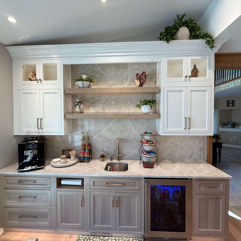 Custom coffee and beverage bar with floating shelves and quartzite backsplash by South Jersey contractor